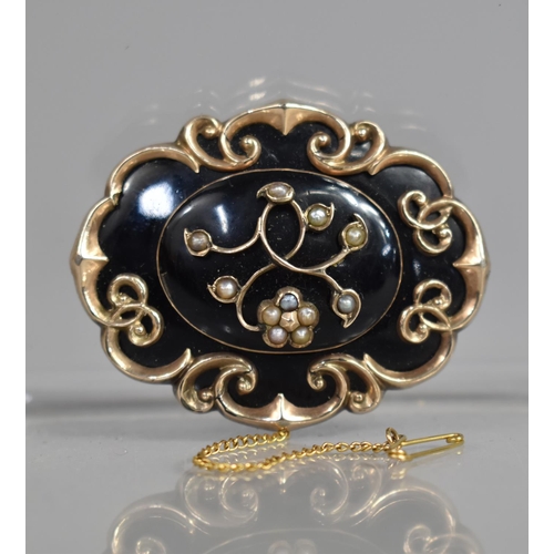 63 - A Mid 19th Century Victorian Yellow Metal and Black Glass Mourning Brooch, of Oval Form with Scrolle... 