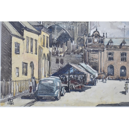 111 - A Gilt Framed Watercolour Depicting Street Market, Monogrammed EP 1945, 39x27cm