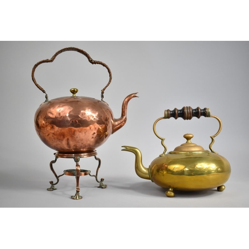 128 - A Brass Squat Kettle on Three Bun Feet together with a Copper Spirit Kettle (Missing Burner)