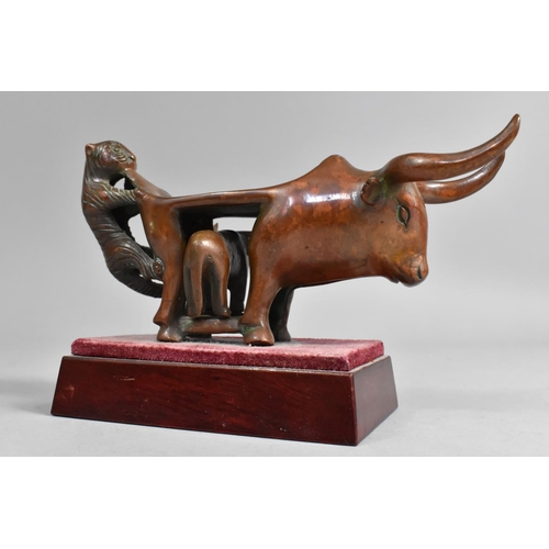 13 - An Interesting Indian Copper Stand in the Form of Tiger Attacking Cow Defending Calf, Set on Wooden ... 