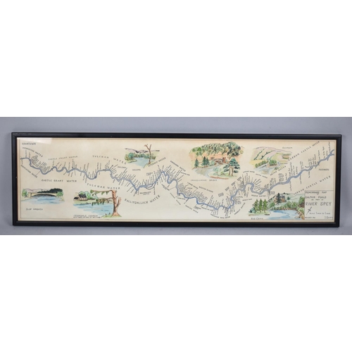 130 - A Framed Print, The Fishermans Map of Salmon Pools, Part of River Spey, By I Scott, 76x20cms