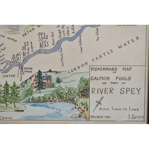 130 - A Framed Print, The Fishermans Map of Salmon Pools, Part of River Spey, By I Scott, 76x20cms