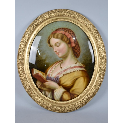 140 - A Large 19th Century Reverse Painted Oval Portrait Under Glass of Maiden Reading Book, Ornately Moul... 