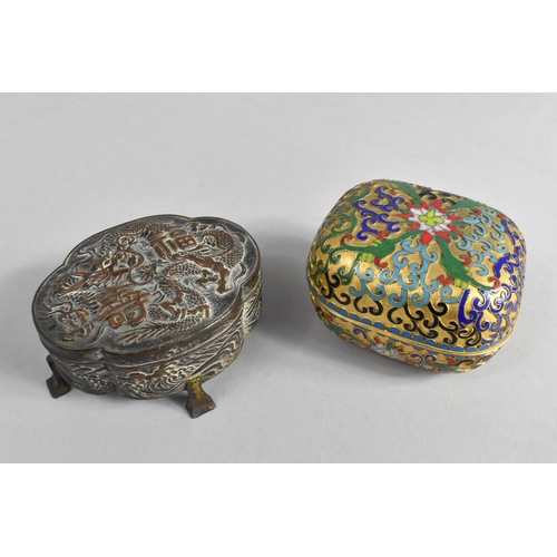 157 - A Small Cushion Shaped Enamelled Lidded Box and an Oriental Dressing Table Jewellery Casket with Hin... 