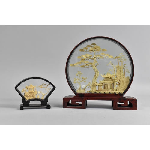 159 - A Vintage Horn Three Masted Ship Together with Two Modern Oriental Cork Dioramas