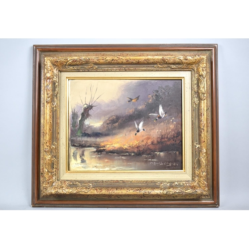 163 - A Modern Gilt Framed Oil on Canvas Depicting Ducks Alighting on Pond, 29x23cm