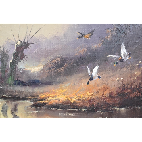 163 - A Modern Gilt Framed Oil on Canvas Depicting Ducks Alighting on Pond, 29x23cm