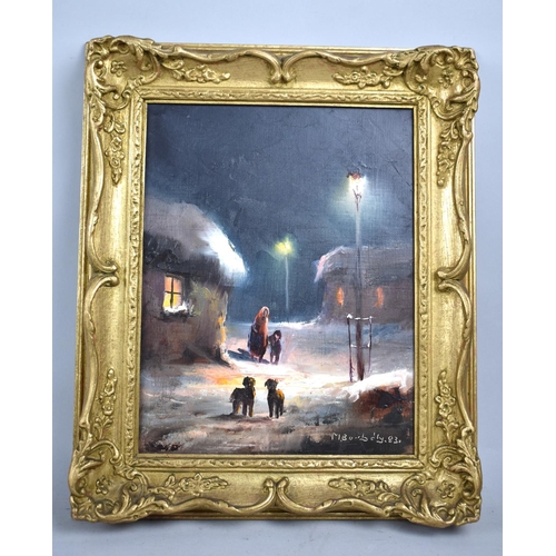 165 - A Modern Gilt Framed Oil on Canvas Depicting Figures and Dogs Walking Home by Lamp Light, 22x29cm