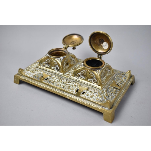 17 - A Late 19th Century French Brass Twin Ink Stand and Pen Rest, Both Containers with Hinged Lids but M... 