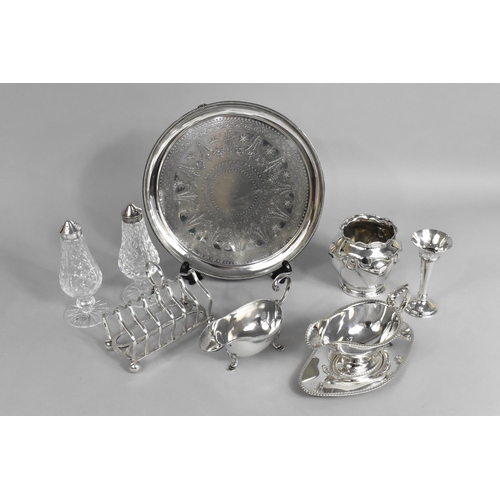 172 - A Collection of Silver Plate to Include Salver, Sauce Boat, Toast Rack, Sifters etc