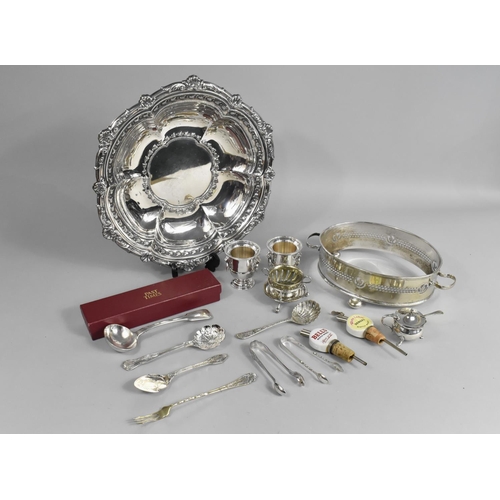 173 - A Collection of Various Silver Plate to Include Circular Bowl, Sifter and Jam Spoons, Mustards etc