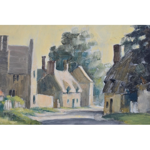 180 - A Framed Oil on Board Depicting Village Street Signed D J Allen, 37x18cm