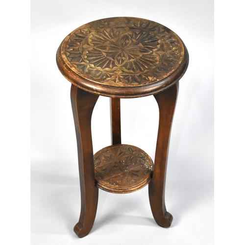 187 - A Mid 20th Century Circular Stand or Occasional Table with Carved Top and Stretcher Shelf, 28cm Diam... 