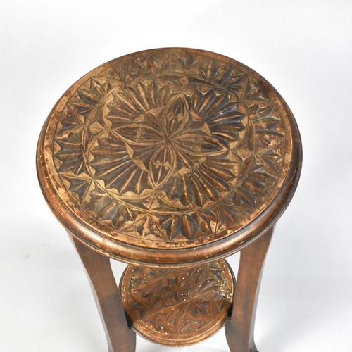 187 - A Mid 20th Century Circular Stand or Occasional Table with Carved Top and Stretcher Shelf, 28cm Diam... 