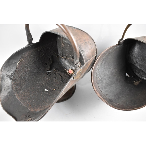 214 - Two 19th Century Copper Helmet Shaped Coal Scuttles, Have Been Repaired, 37cms Long