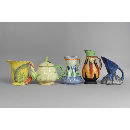 326 - A Collection of Art Deco China to Comprise Mottled Glazed Jug, Myott Hand Painted Jugs, Burleigh War... 