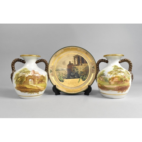 340 - A Pair of 19th/20th Century Hand Painted Vases with Stylised Rope Twin Handles Culminating to Mask H... 