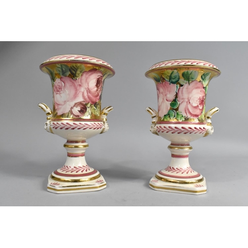 360 - A Pair of Italian Ceramic Pedestal Vases of Urn form, 'Jafferose' Pattern no. 4524, 21cm high