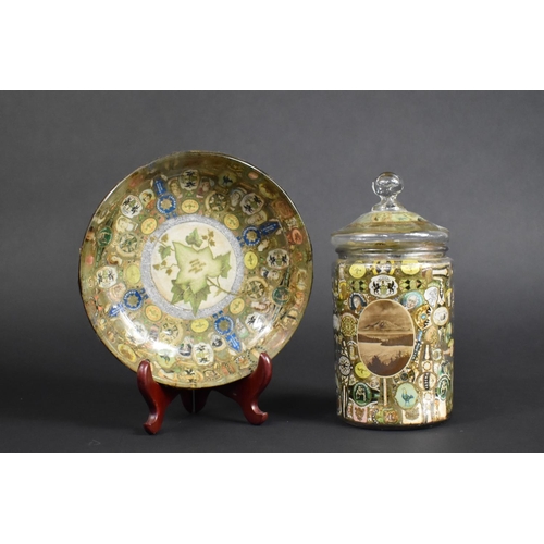 376 - A Vintage Decalcomania Glass Jar and Cover Together with Dish, c.1960