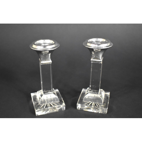 383 - A Pair of Glass and Silver Topped Candlesticks, 13.5cm high, Birmingham Hallmark, Condition Issues