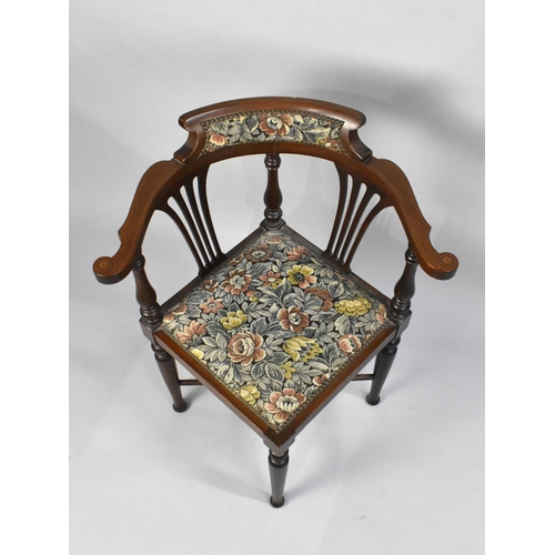 447 - An Inlaid Edwardian Mahogany Corner Chair with tapestry Seat and Back Rail