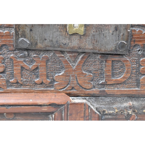 5 - An Early Oak Bible Box with Carved Front Panel over Single Long Drawer. Hinged Lid, 52cm Wide by 37c... 