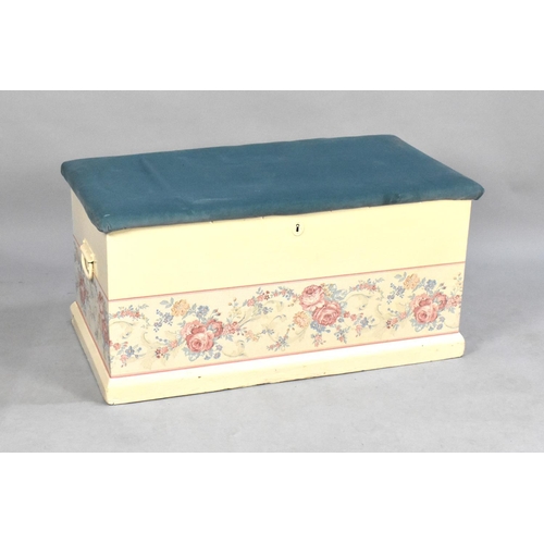 510 - A White Painted Blanket Chest with Upholstered Hinged Lid and Two Carrying Handles, 85cms Wide