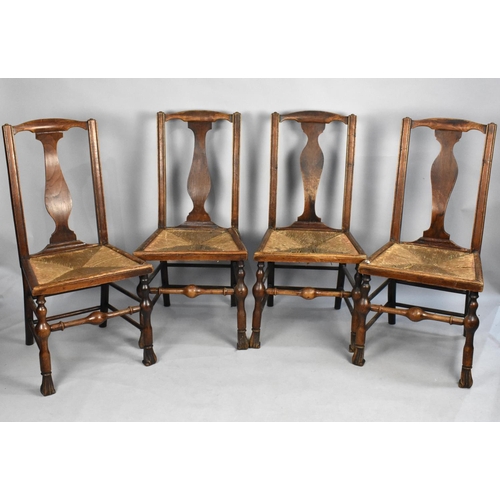 516 - A Set of Four 19th Century Oak Framed and Rush Seated Dining Chairs with Shaped Splat Back Having Tu... 