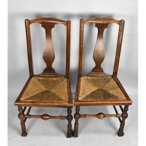 516 - A Set of Four 19th Century Oak Framed and Rush Seated Dining Chairs with Shaped Splat Back Having Tu... 