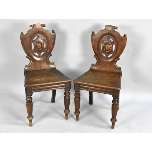 517 - A Pair of Victorian Hall Chairs with Carved and Pierced Shield Backs on Turned Supports, Some Condit... 