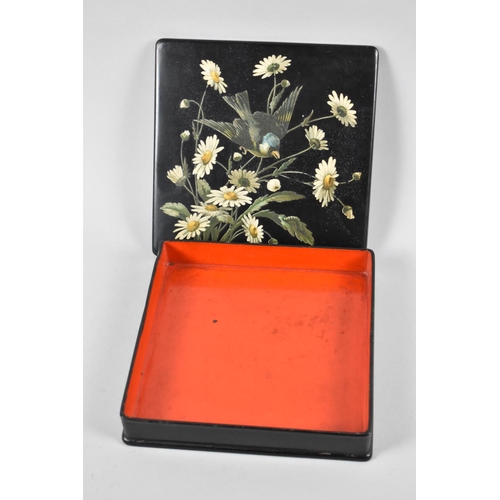 6 - A Late 19th/Early 20th Century Lacquered Papier Mache Box Decorated with Birds, 19cms Square