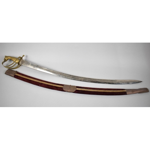 78 - A Brass Handled Indian Curved Blade Sword with Velvet Covered Scabbard Engraved Blade Stamped India