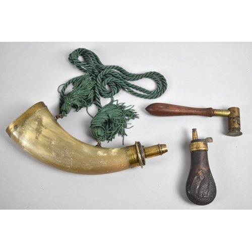 80 - A 19th Century Brass Mounted Powder Horn, A Small Shot Flask Decorated in relief with Bald Eagle and... 