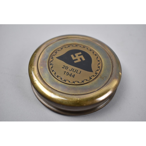 83 - A Reproduction Circular Brass Pocket Compass Decorated with German Helmet, Swastika and Dated 20 Jul... 