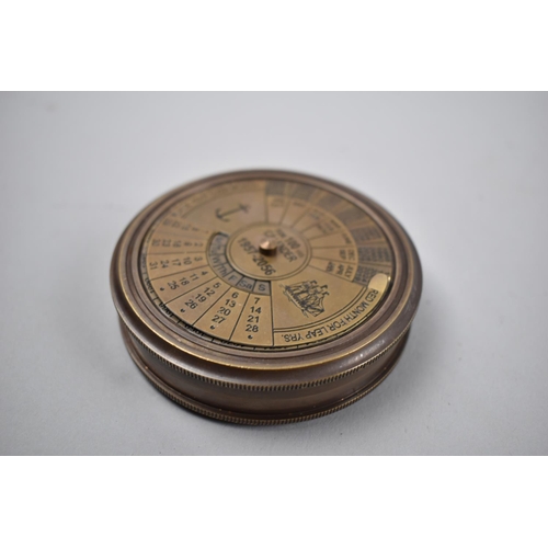 85 - A Reproduction Circular Brass Cased Compass, Lid Incorporating a 100 Year Calendar 1957-2056, 7.5cms... 