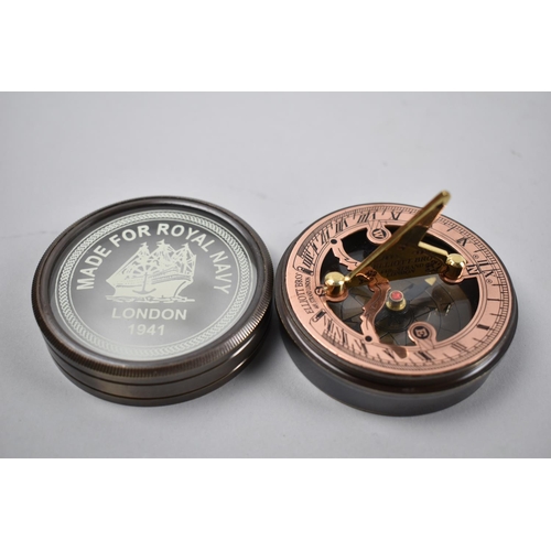 86 - A Reproduction Combination Compass and Sundial in Circular Brass Case with Glazed Screw Off Lid Insc... 