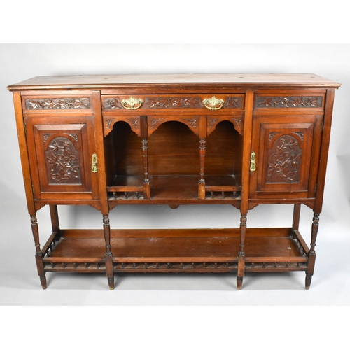 92 - An Edwardian Mahogany Sideboard Base with Centre Drawer Over Open Display Area, Flanked by Half Pane... 