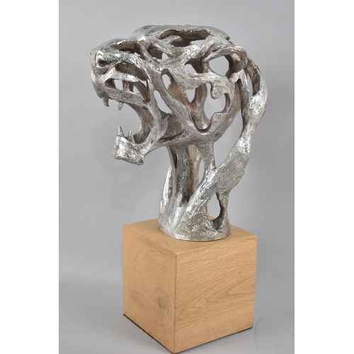 93 - A Modern Cast Metal Sculpture of a Snarling Lioness Mounted on Wooden Cube Base, 40cm High