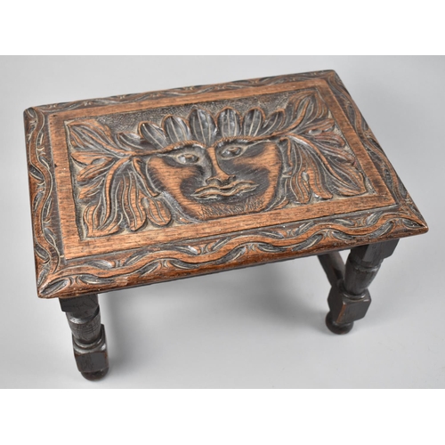 1 - WITHDRAWN An Edwardian Carved Oak Rectangular Stool on Turned Support, 33cms by 23cms and 20cms High