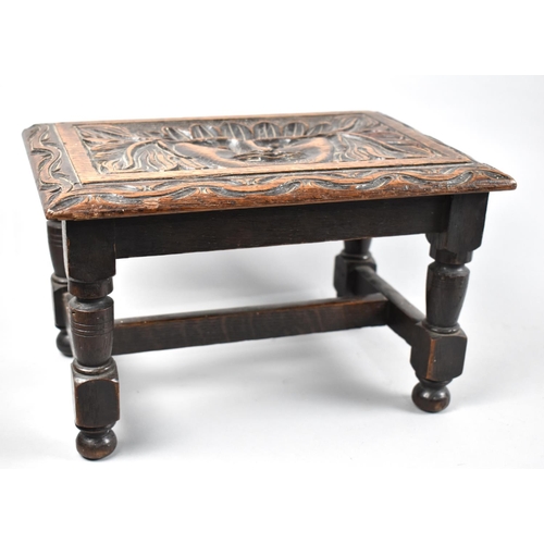 1 - WITHDRAWN An Edwardian Carved Oak Rectangular Stool on Turned Support, 33cms by 23cms and 20cms High