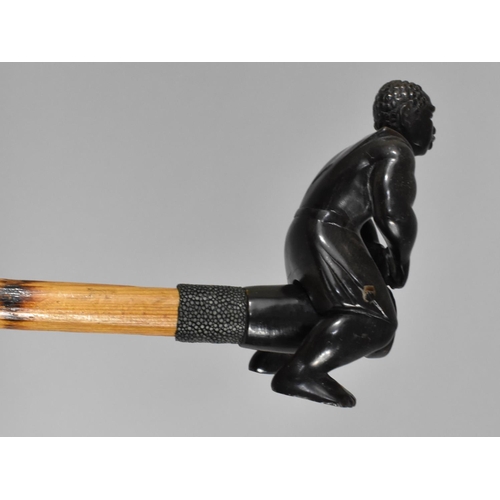 116 - A Danish Souvenir Walking Stick for Himmelbjerget with Horn Handle in the Form of Man Playing Drum