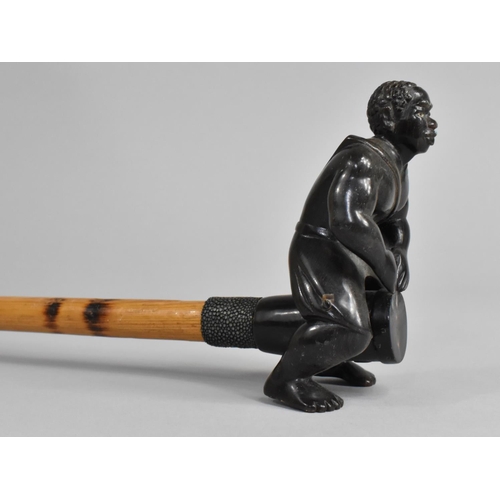 116 - A Danish Souvenir Walking Stick for Himmelbjerget with Horn Handle in the Form of Man Playing Drum