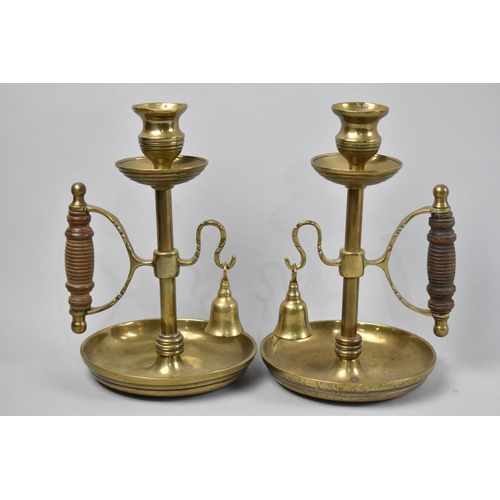 13 - A Pair of Arts and Crafts Style Brass Candlesticks with Snuffers, 18.5cms High