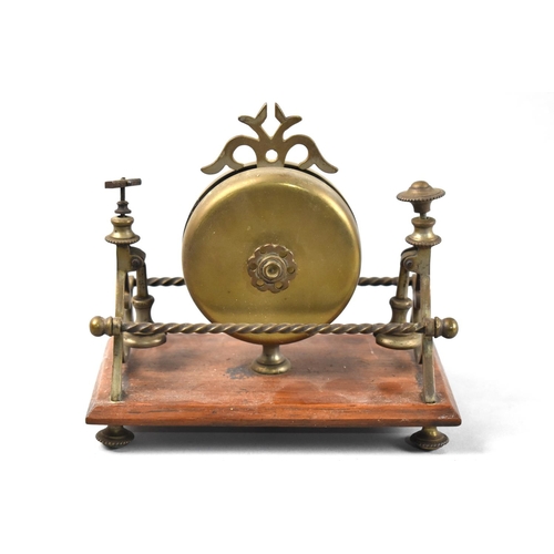 26 - An Interesting Edwardian Brass Desk Top Bell with Two Push Strikers, Oak Plinth, 15cms Long