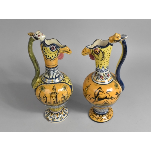 264 - A Pair of Faience Cockerel Headed Ewers Having Scrolled Handles, 31cm high (Various Condition Issues... 