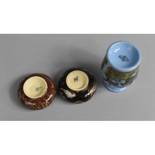 268 - Two Agate Ware Ceramic Pots Together with a Blue Prattware Meat Paste Pot, all with Lozenge Marks to... 