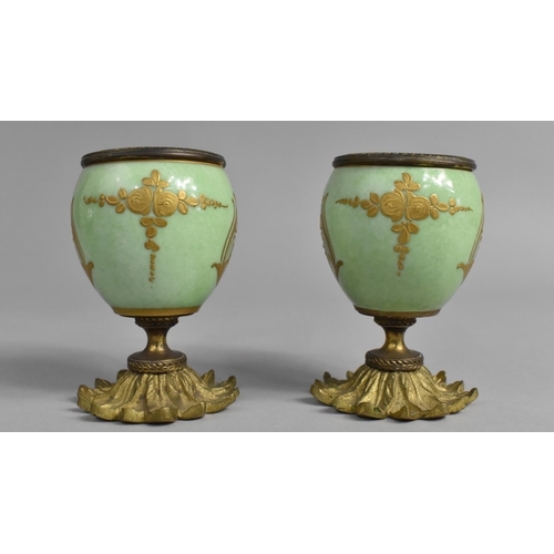 269 - A Pair of Gilt Metal Mounted Globular Sevres Porcelain Pots with Lovers Cartouches on Pale Green Gro... 