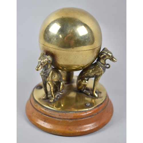 27 - A Nice Quality French Brass Desktop Inkwell in the Form of Globe Supported by Three Greyhounds, Hing... 