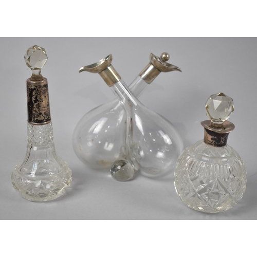 274 - A Glass and Silver Mounted Double Cruet Bottle (Missing One Stopper) Together with Two Silver Mounte... 