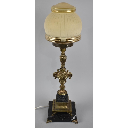 29 - A Mid 20th Century Brass and Marble Table Lamp with Coloured Shade, 64cms High